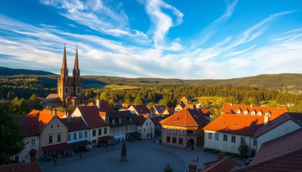 A charming village nestled in the rolling hills of Czechia, Havlickuv Brod is a picturesque landscape bathed in warm, golden light. In the foreground, a quaint town square bustles with locals and visitors, the cobblestone streets lined with historic buildings and cafes. Towering church spires and red-tiled roofs peek out from the middle ground, while the background is dominated by undulating hills blanketed in verdant forests. Wispy clouds drift across a brilliant blue sky, casting gentle shadows over the tranquil scene. This idyllic setting exudes a sense of timeless, small-town serenity that captivates the senses and invites exploration.