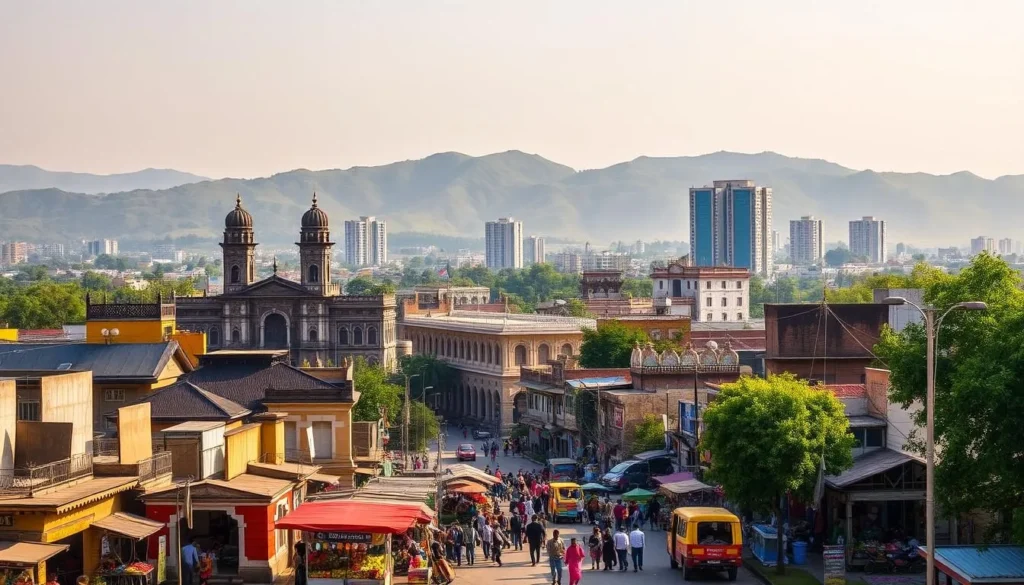 A cityscape of Bareilly, Uttar Pradesh on a pleasant sunny day. In the foreground, bustling streets lined with colorful shops and stalls, local vendors selling fresh produce. In the middle ground, grand colonial-era buildings with intricate architectural details stand tall, contrasting with the modern high-rises in the distance. The background features the rolling hills and lush greenery that surround the city, bathed in warm, golden light. The scene conveys the vibrant, historic charm of Bareilly, a harmonious blend of old and new.