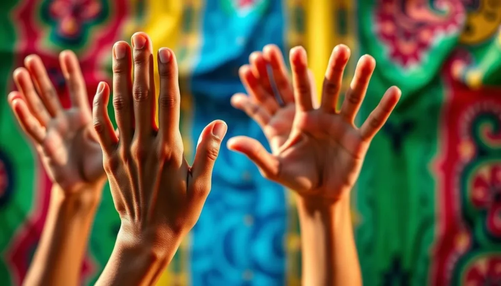 A close-up shot of a person's hands performing various lively and expressive hand gestures against a vibrant, colorful backdrop. The hands move with energy and animation, conveying a sense of cultural liveliness and vibrant nonverbal communication. Warm, natural lighting illuminates the scene, highlighting the intricate details of the hand movements. The composition places the hands in the foreground, with the background softly blurred to emphasize the gestural focus. The overall atmosphere is one of cultural dynamism and unexpected, engaging visual surprises.