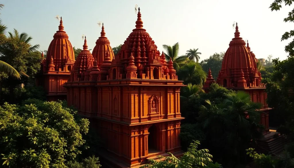 A cluster of terracotta temples in Baranagar, West Bengal, bathed in warm, golden sunlight. The intricate carvings and vibrant hues of the brick facade stand in contrast to the lush, verdant foliage surrounding them. A wide-angle lens captures the majestic silhouettes of the structures, their spires reaching towards the clear, azure sky. The scene exudes a serene, timeless atmosphere, inviting the viewer to explore the rich cultural heritage of this historic region.