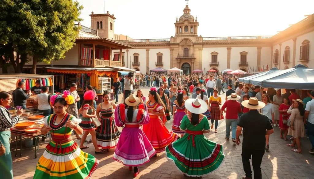 A colorful fiesta unfolds under the warm Chilean sun, showcasing the vibrant festival culture. In the foreground, a lively procession of dancers in vibrant traditional costumes sway to the rhythmic beats of indigenous music. In the middle ground, stalls offering an array of local crafts, street food, and lively performers captivate the crowd. The background features a backdrop of historic colonial architecture, suggesting the deep-rooted heritage of these celebrations. Soft, diffused lighting casts a golden glow, evoking a sense of celebration and joy. Capture the energy, diversity, and cultural richness of Chile's vibrant festival experience.