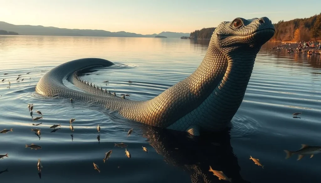 A colossal, serpentine creature emerges from the depths of the serene Lake Seljordsvatnet, its sinuous body undulating gracefully through the placid waters. Scales glisten in the warm afternoon sunlight, iridescent hues of green and blue shimmer across its massive form. The sea serpent's elongated neck cranes upwards, revealing a regal, reptilian head with gleaming eyes that seem to peer into the viewer's soul. Surrounding the majestic beast, schools of fish scatter in a panic, while in the distant shore, awestruck onlookers gaze in wonder at the legendary Selma, Norway's famed lake monster.