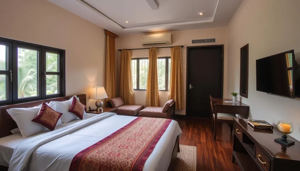 A comfortable hotel room in Bagerhat with traditional Bengali decor elements