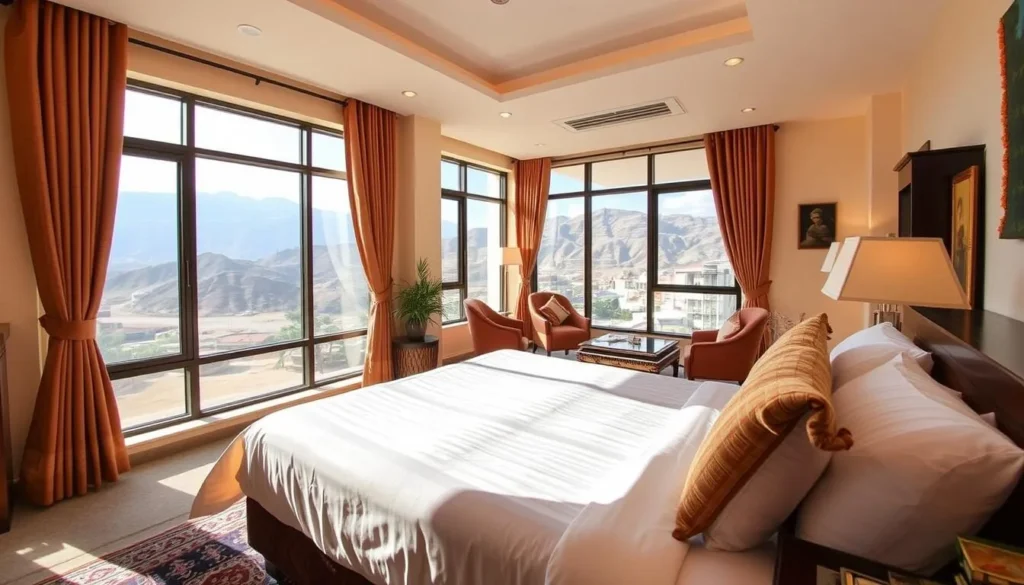 A comfortable hotel room in Quetta with traditional Pakistani decor elements and mountain views