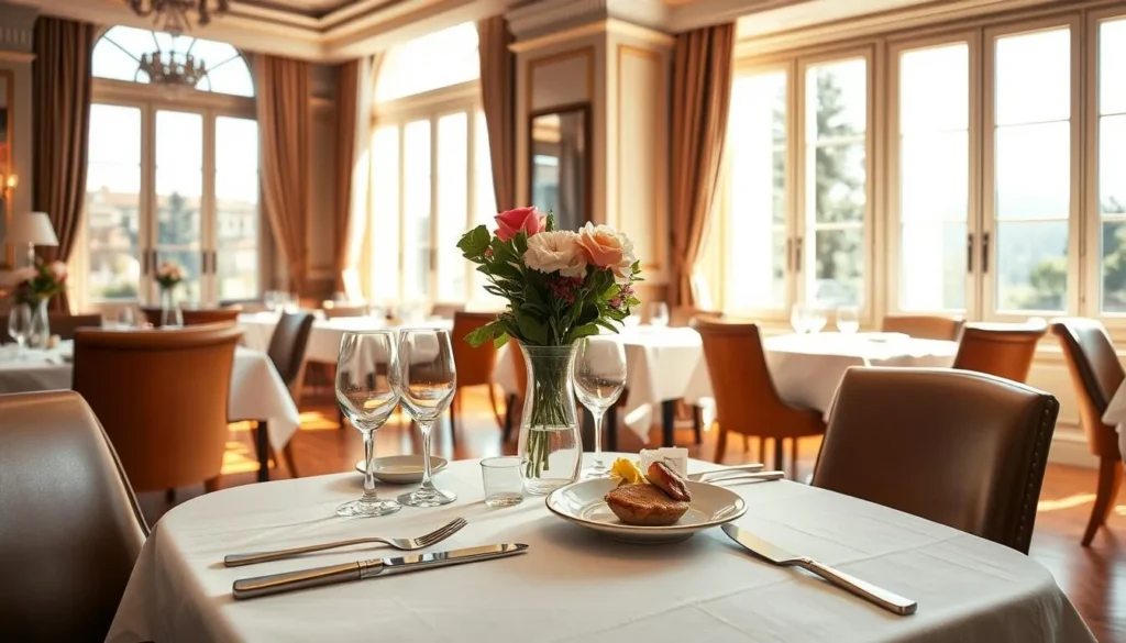 A cozy Italian dining setting in a sun-drenched, elegant restaurant. In the foreground, a white linen-draped table adorned with a vase of fresh flowers, fine china, and a gleaming silver cutlery set. The middle ground features plush leather upholstered chairs and a warm, wooden floor. The background showcases floor-to-ceiling windows, allowing natural light to stream in and illuminate the space, creating a welcoming, inviting atmosphere. The overall scene exudes an air of authentic Italian hospitality, where the focus is on savoring fine cuisine and cherishing the company of loved ones.