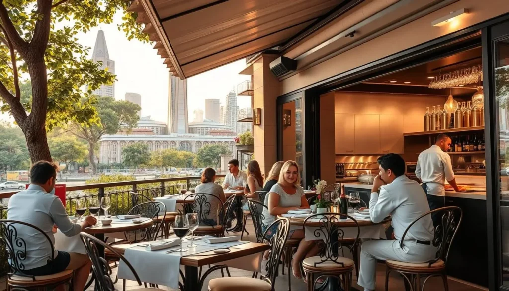 A cozy Italian trattoria nestled in the heart of Brasilia, its sun-dappled terrace beckoning passersby. Elegant wrought-iron tables and chairs, adorned with crisp white linens, invite diners to savor the flavors of la dolce vita. In the foreground, a group of friends engage in lively conversation over steaming plates of pasta and glasses of robust Chianti. The middle ground features a bustling open kitchen, where chefs in crisp white uniforms skillfully prepare authentic Italian delicacies. In the background, the striking modernist architecture of Brasilia's iconic landmarks provides a sophisticated urban backdrop, bathed in the warm glow of the afternoon sun.
