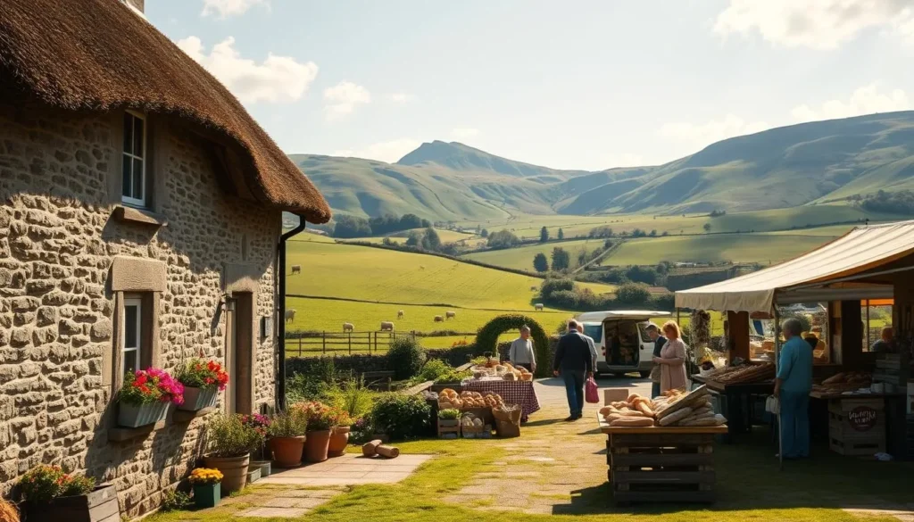 A cozy Welsh countryside scene set on a bright, sunny day. In the foreground, a traditional stone cottage with a thatched roof, its windows adorned with vibrant flower boxes. In the middle ground, a small farmer's market bustling with locals selling artisanal cheeses, freshly baked breads, and seasonal produce. The background features rolling green hills dotted with grazing sheep, with the majestic peaks of Snowdonia National Park rising in the distance. The scene is bathed in warm, golden light, capturing the essence of Welsh culture and hospitality. Shoot with a wide-angle lens to showcase the picturesque landscape.