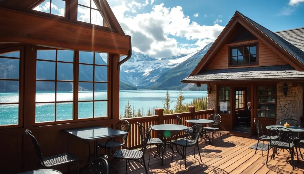 A cozy and inviting lakeside café nestled in the majestic Canadian Rockies, Lake Louise Café. Sunlight streams through large windows, illuminating the rustic wooden furniture and warm, earthy tones. The foreground features a wooden deck with wrought-iron tables and chairs, inviting guests to savor the breathtaking views of turquoise Lake Louise and the towering mountains beyond. In the middle ground, the café's exterior showcases its charming Alpine-inspired architecture, with a peaked roof and stone walls. The background is a panoramic vista of the serene lake and the snow-capped peaks of the Rocky Mountains, creating a picturesque and tranquil atmosphere.