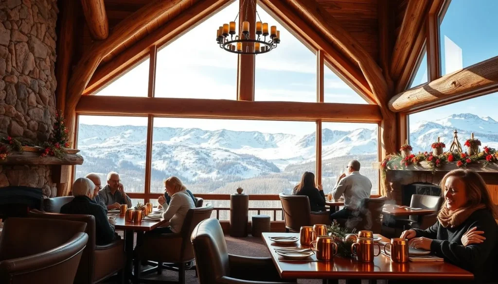 A cozy and inviting mountain lodge dining room overlooking the snow-capped peaks of Monarch Mountain, Colorado. Large windows frame the breathtaking vista, bathing the space in warm, natural light. Rustic wooden beams and stone fireplaces create a charming, alpine ambiance. Comfortable leather chairs and tables set with copper mugs and seasonal decorations invite guests to linger and savor the après-ski experience. A few patrons enjoy hearty meals and steaming beverages, their faces aglow with contentment. The overall mood is one of relaxation, indulgence, and appreciation for the stunning mountain landscape.