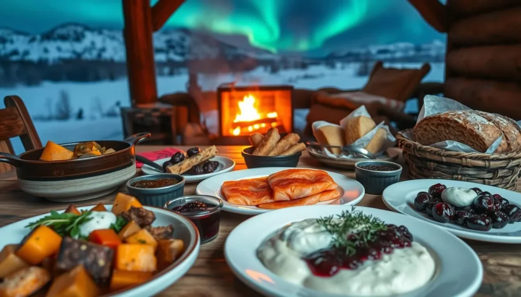 A cozy and rustic scene in the heart of Finnish Lapland, showcasing the region's hearty and flavorful cuisine. In the foreground, a wooden table is adorned with a variety of traditional dishes, from steaming reindeer stew with root vegetables to smoked salmon with dill-infused crème fraîche. Delicate lingonberry preserves and dense, freshly baked rye bread complete the spread. In the middle ground, a crackling fireplace casts a warm, golden glow, while the background reveals snow-capped mountains and a glimpse of the Aurora Borealis dancing across the night sky. The scene is bathed in soft, natural lighting, capturing the cozy and inviting atmosphere of this Northern culinary experience.