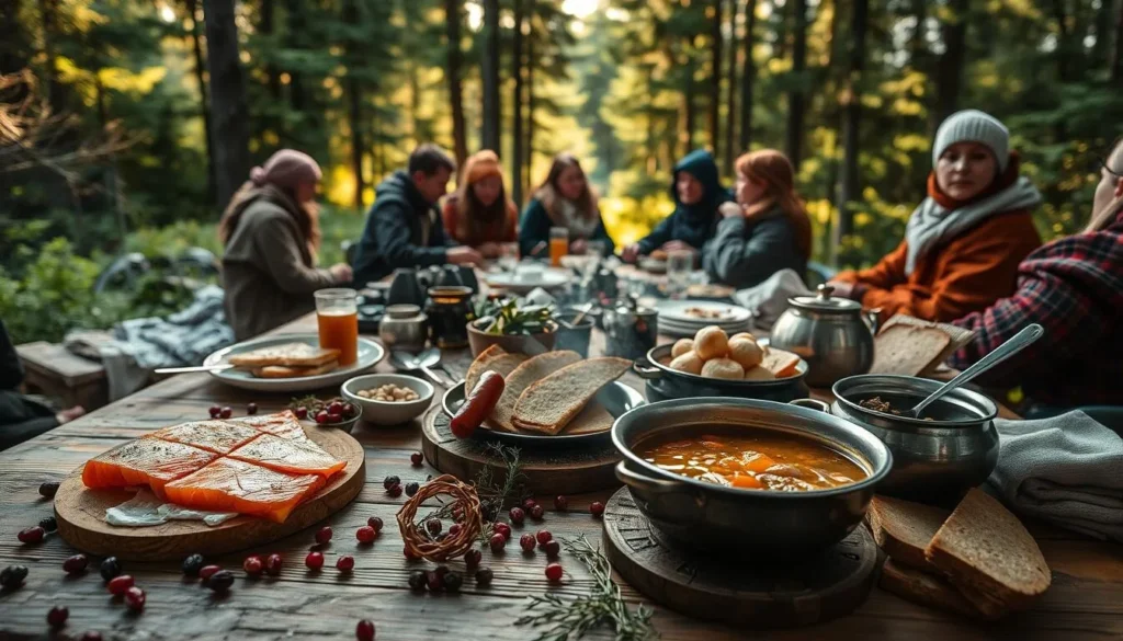 A cozy and rustic scene of traditional Sami cuisine in the heart of Muddus National Park, Sweden. In the foreground, a wooden table is laid with a selection of local delicacies - freshly smoked salmon, reindeer sausages, flat bread, and a steaming bowl of hearty stew. Scattered around are foraged berries, herbs, and other natural ingredients. In the middle ground, a group of Sami people in traditional clothing gather around, sharing a meal and conversation. The background features the lush, evergreen forest of Muddus, with sunlight filtering through the trees, creating a warm and inviting atmosphere. The scene exudes a sense of simplicity, sustainability, and connection to the land.