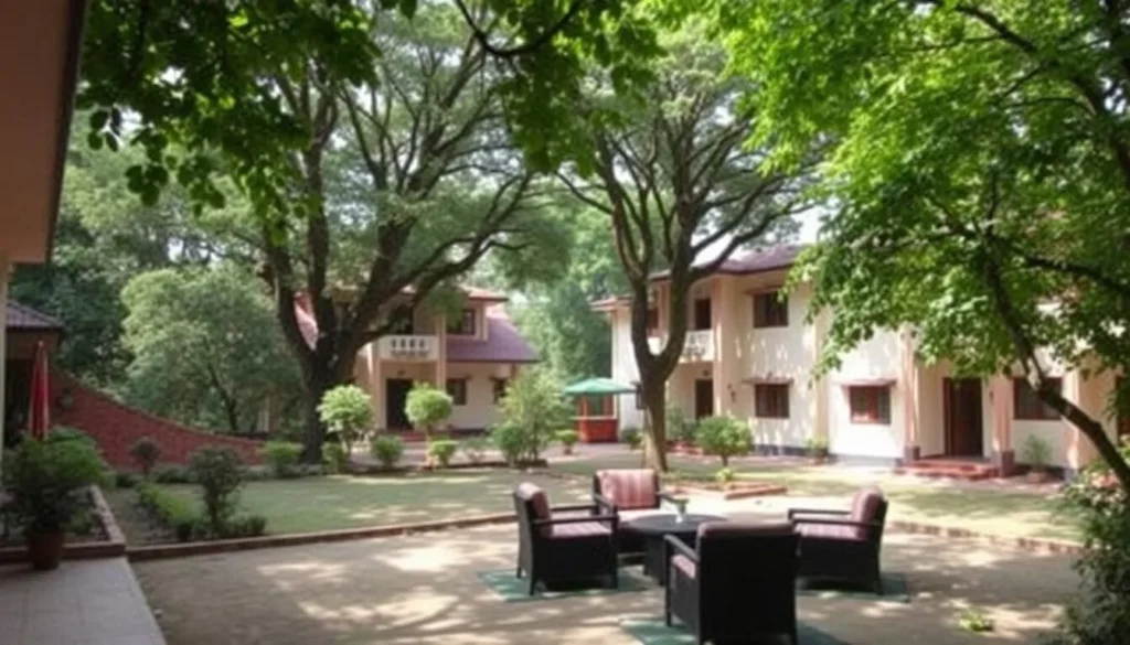 A cozy apartment complex nestled amidst lush greenery, Rajpur Sonarpur offers a serene retreat from the bustling city. In the foreground, a well-manicured courtyard invites guests to relax on comfortable outdoor furniture, basking in the warm, natural light. The middle ground showcases the charming, well-maintained buildings, their facades adorned with traditional architectural elements. In the background, a verdant canopy of trees creates a sense of tranquility, complementing the peaceful ambiance. The scene conveys a welcoming, home-away-from-home atmosphere, perfect for those seeking a cozy and comfortable stay in this vibrant West Bengal destination.