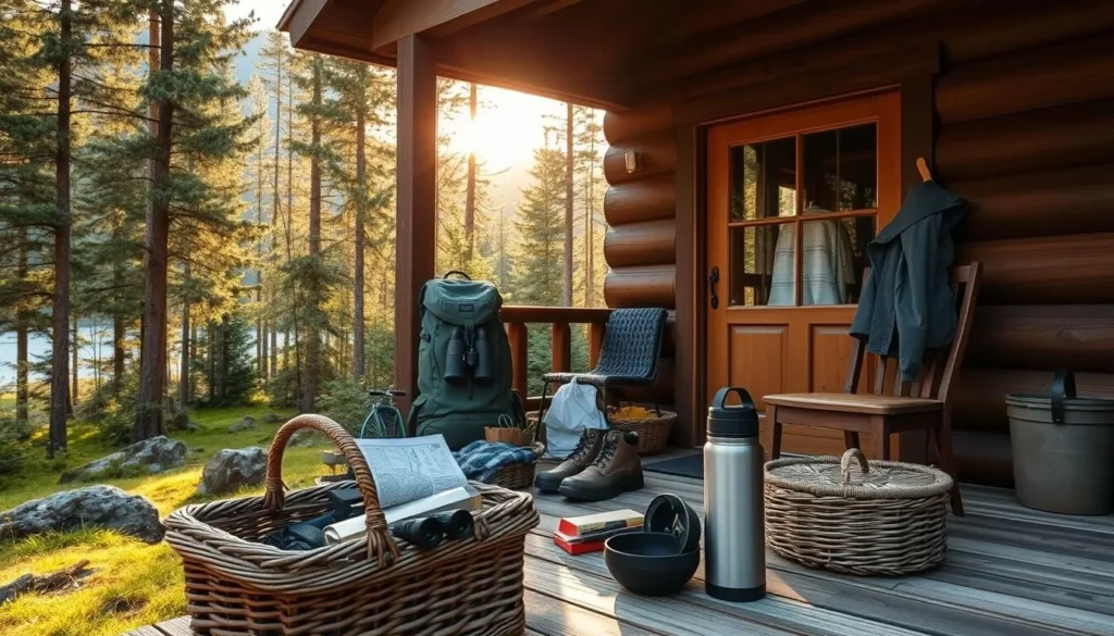 A cozy cabin nestled in the lush Norwegian wilderness, the backdrop of Setesdal-Ryfylkeheiane National Park. On the porch, a well-stocked backpack and hiking gear - sturdy boots, rain jacket, binoculars, water bottle, trail map - ready for a day of exploring the park's pristine landscapes. Warm sunlight filters through the trees, casting a golden glow over the scene. In the foreground, a picnic basket and a thermos, hinting at a scenic lunch break along the hiking trails. The atmosphere is one of peaceful anticipation, as the adventurer prepares to immerse themselves in the natural beauty of this stunning Norwegian destination.