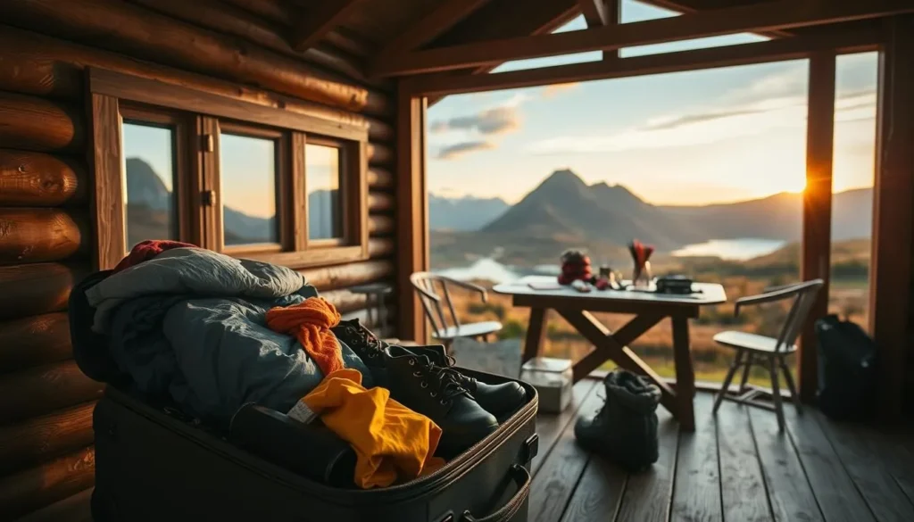 A cozy cabin nestled in the lush, rolling hills of Møre og Romsdal, Norway. In the foreground, a neatly packed suitcase rests on a wooden bench, filled with warm layers, practical rain gear, and sturdy hiking boots. The middle ground features a table adorned with a map, compass, and other travel essentials, hinting at the adventurous activities to come. The background showcases the picturesque landscape, with towering mountains, serene lakes, and a sky softly illuminated by the golden light of an impending sunset. The atmosphere exudes a sense of anticipation and preparedness, capturing the essence of packing for the diverse weather and terrain of this stunning Norwegian region.