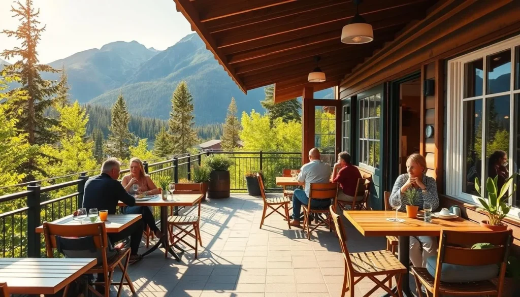 A cozy, charming outdoor dining scene in Waterton, Alberta. A quaint patio overlooking the stunning Rocky Mountains, with wooden tables and chairs arranged casually. The warm, golden light of the afternoon sun filters through the lush greenery, creating a welcoming and relaxed atmosphere. Couples and small groups of friends savor their meals, engaged in lively conversation, while taking in the breathtaking natural surroundings. The menu features locally-sourced ingredients, highlighting the region's culinary delights. A tranquil, picturesque setting that embodies the essence of dining in Waterton.