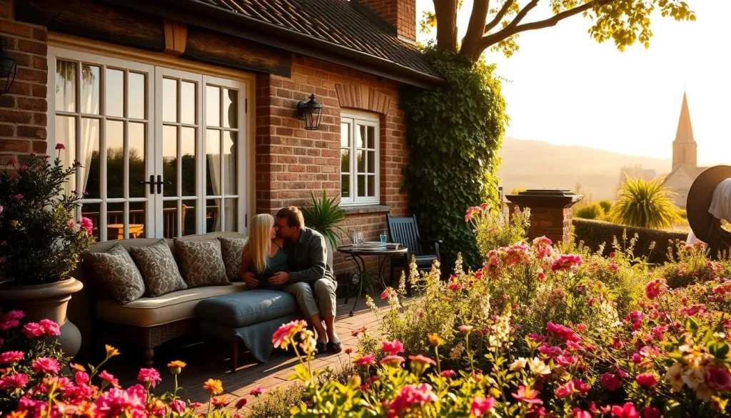 A cozy cottage nestled in the rolling hills of Bromley, surrounded by a lush garden in full bloom. Sunlight filters through the windows, casting a warm glow on the plush furnishings and inviting patio. A couple sits together on a bench, lost in each other's embrace, enjoying the tranquility of their romantic getaway. In the distance, the silhouette of a historic church steeple can be seen, adding to the charming, picturesque atmosphere. The scene evokes a sense of peaceful solitude and intimate connection, perfect for a couple seeking a secluded retreat.