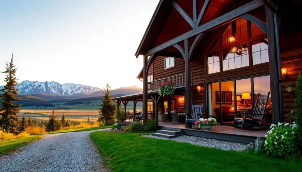 A cozy country inn nestled among the rolling hills of Longview, Alberta. A picturesque two-story building with a charming front porch, adorned with flowers and wooden rocking chairs. Warm golden light filters through large windows, illuminating the rustic interior - exposed beams, plush leather furniture, and a crackling fireplace. In the foreground, a gravel driveway leads to the entrance, surrounded by lush green landscaping. In the background, a scenic vista of the Canadian Rockies rises up, their snow-capped peaks framing the serene pastoral scene. A tranquil, inviting atmosphere that perfectly captures the essence of a Longview getaway.