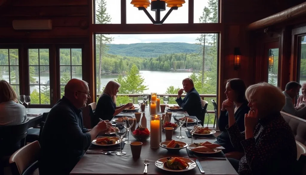 A cozy dining scene in the picturesque Brainerd Lakes area, showcasing the region's natural beauty and local culinary delights. A rustic wooden cabin with large windows frames the tranquil lake and lush, verdant forest beyond. Soft, warm lighting creates an inviting atmosphere, highlighting the artfully presented dishes on the tables. Diners savor their meals, engaged in lively conversation, while the serene landscape provides a breathtaking backdrop. A serene, upscale ambiance that captures the essence of the Brainerd Lakes dining experience.