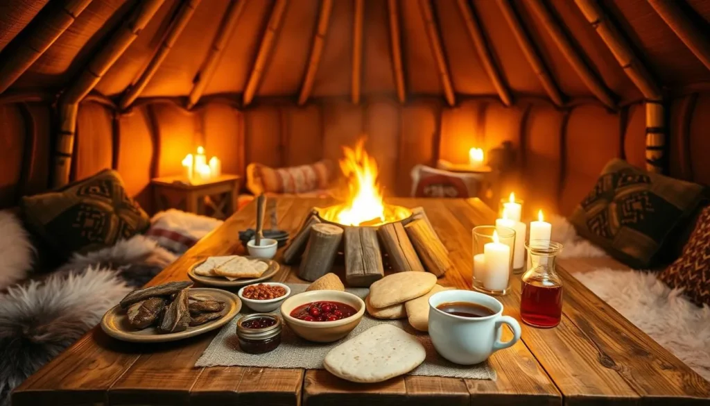 A cozy interior of a traditional Sami lavvu tent in Swedish Lapland, bathed in warm, golden light from a central fire pit. On the wooden table, a spread of local delicacies - reindeer meat stew, cloudberry jam, flatbread, and a steaming mug of lingonberry tea. Fur-lined benches and handcrafted textiles create a rustic, intimate atmosphere. Birch logs and twinkling candles illuminate the scene, inviting the viewer to savor the flavors and traditions of this remote, snow-blanketed region.