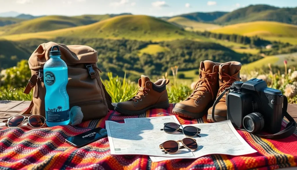 A cozy, inviting travel scene showcasing essential packing items for a trip to Merida, Venezuela. In the foreground, a sturdy backpack, hiking boots, and a water bottle sit atop a colorful, woven blanket. Midground features a map, sunglasses, and a camera, hinting at the outdoor adventures ahead. The background depicts a lush, verdant landscape with rolling hills and a clear, blue sky, creating a tranquil, nature-inspired atmosphere. Soft, natural lighting illuminates the scene, evoking a sense of warmth and exploration. The overall composition conveys the excitement and preparedness for discovering the best of Merida.