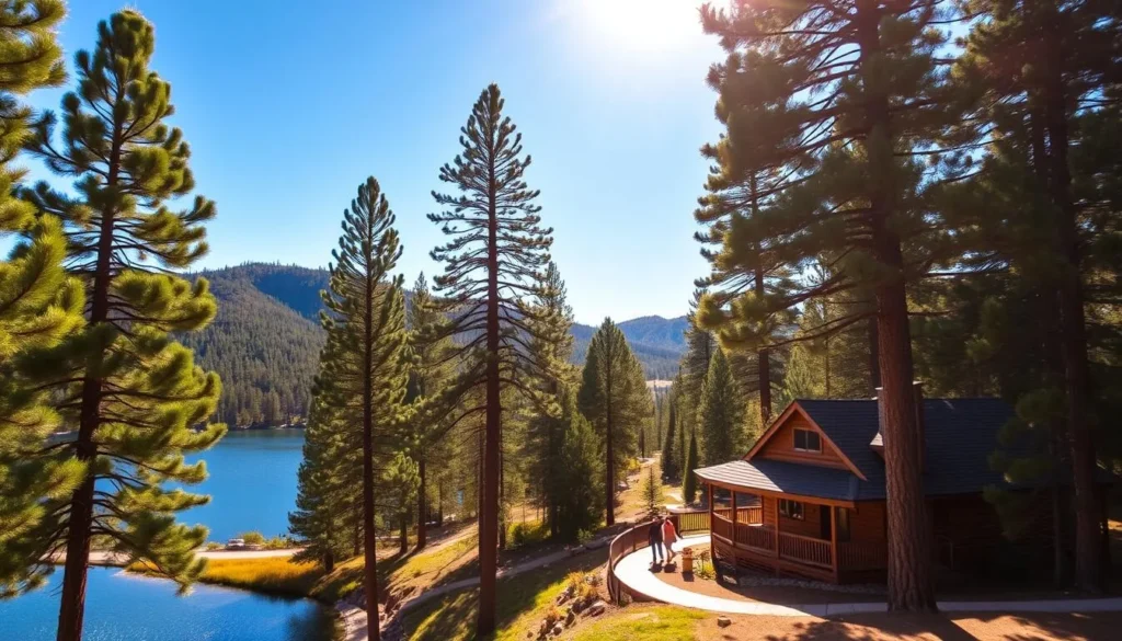 A cozy mountain getaway nestled in the lush pines of Pinetop, Arizona. In the foreground, a charming log cabin with a wraparound porch overlooking a serene lake. Tall, verdant pine trees surround the cabin, their branches swaying gently in the warm breeze. In the middle ground, people stroll along a winding path, taking in the peaceful atmosphere. The background features rolling hills dotted with more towering pines, their silhouettes framing a brilliant azure sky. Soft, golden sunlight filters through the trees, casting a warm glow over the entire scene. The overall mood is one of tranquility, inviting the viewer to escape the hustle and bustle of everyday life and immerse themselves in the natural beauty of Pinetop.