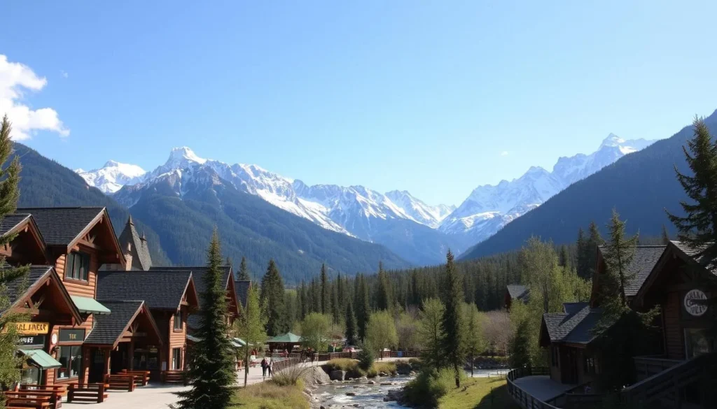 A cozy mountain village nestled amidst the majestic peaks of the Canadian Rockies. Quaint log cabins and charming shops line the main street, bathed in warm sunlight. In the foreground, a picturesque creek winds its way through the lush, evergreen landscape. Towering mountains rise in the background, their snow-capped summits glimmering under a bright, cloudless sky. The atmosphere is serene and inviting, perfect for exploring the natural beauty and outdoor adventures that Kananaskis Village has to offer.