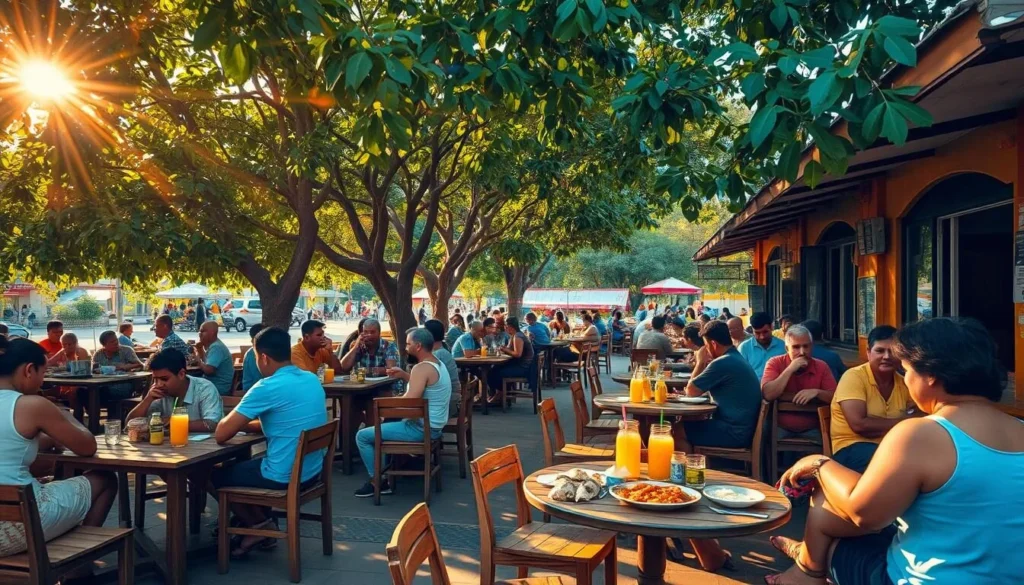 A cozy outdoor cafe in Brasilia, Brazil, with simple wooden tables and chairs under the dappled shade of tropical trees. A diverse crowd of locals and visitors enjoy affordable, freshly-prepared local cuisine like grilled fish, rice and beans, and fresh tropical juices. The warm, golden afternoon sunlight filters through the leaves, casting a pleasant glow on the relaxed scene. The cafe's atmosphere is casual and welcoming, with the sounds of lively conversation and the occasional bird call in the distance. The camera angle is slightly elevated, capturing the full context of this budget-friendly dining experience in the heart of the capital city.