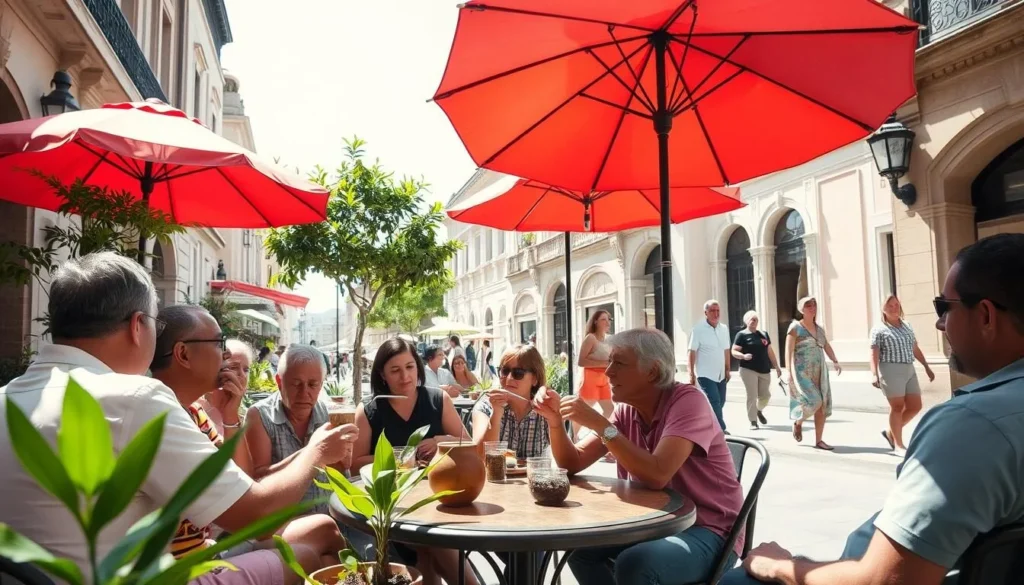 A cozy outdoor cafe in Montevideo, Uruguay, on a bright, sunny day. In the foreground, a group of locals sitting around a table, enjoying the ritual of mate - a traditional caffeine-rich infused drink shared among friends, passed from person to person in a gourd with a metal straw. The middle ground features vibrant umbrellas providing shade, lush potted plants, and the rich aroma of freshly brewed coffee. In the background, the historic architecture of the city frames the scene, with people strolling by on the sidewalk. The lighting is warm and natural, capturing the laidback, convivial atmosphere of this cultural experience.