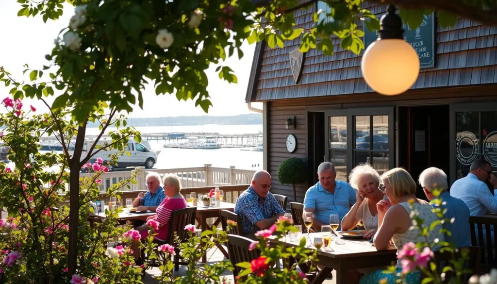 A cozy outdoor dining scene at a seaside restaurant in Bar Harbor, Maine. In the foreground, a group of patrons enjoy a leisurely meal at a wooden table, framed by lush greenery and blooming flowers. The middle ground features the rustic facade of the restaurant, with its weathered shingles and charming decor. In the background, the sparkling waters of the harbor are visible, reflecting the warm afternoon sunlight. The atmosphere is relaxed and inviting, with a soft, golden glow illuminating the scene. The composition is balanced, with attention paid to the details that capture the essence of seasonal dining in this picturesque coastal town.