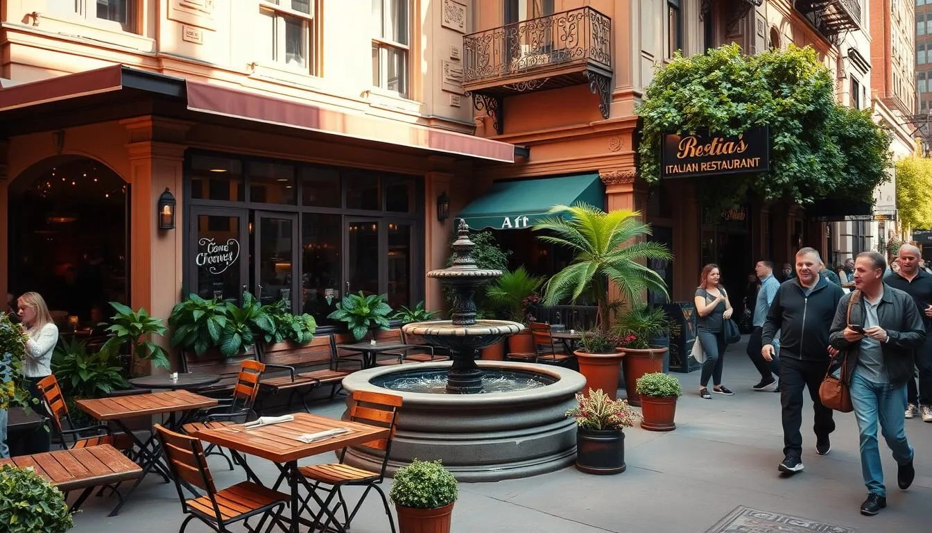 A cozy outdoor patio overlooking a bustling Italian restaurant in downtown Washington, DC. Wooden tables and chairs surround a central fountain, while the facade of the establishment boasts warm, earthy tones and intricate architectural details. The mid-afternoon sun casts a gentle glow, highlighting the vibrant greenery and potted plants that adorn the space. Passersby stroll by, contributing to the lively, inviting atmosphere. The scene conveys a sense of authenticity, sophistication, and the rich culinary heritage of the nation's capital.