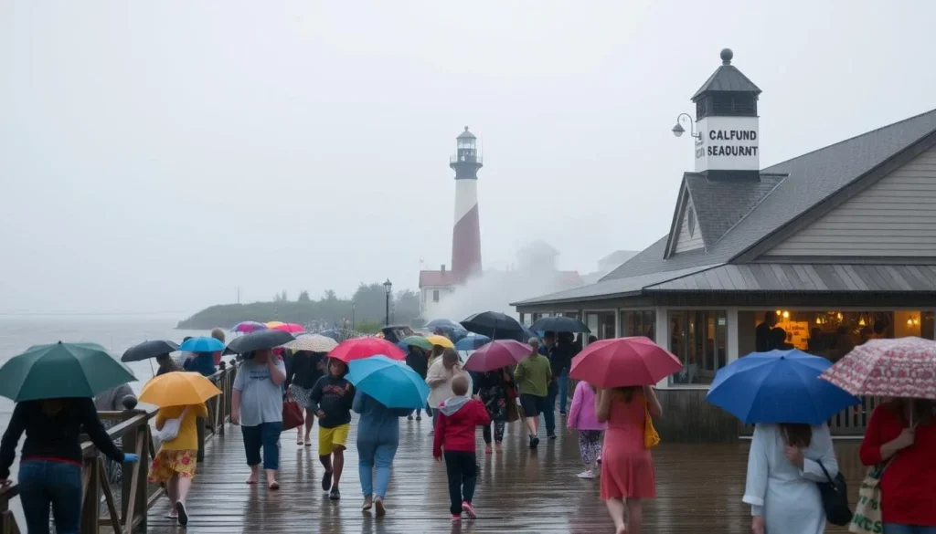 A cozy, rainy day in Oak Island, North Carolina. In the foreground, families gather under colorful umbrellas, strolling along the waterfront boardwalk, admiring the gray, glistening waves. In the middle ground, a bustling seafood restaurant serves up warm meals, steam billowing from its open windows. In the background, a historic lighthouse stands tall, its beacon cutting through the misty air. The scene is bathed in a soft, diffused light, creating a calming, atmospheric mood perfect for indoor activities on this rainy day.