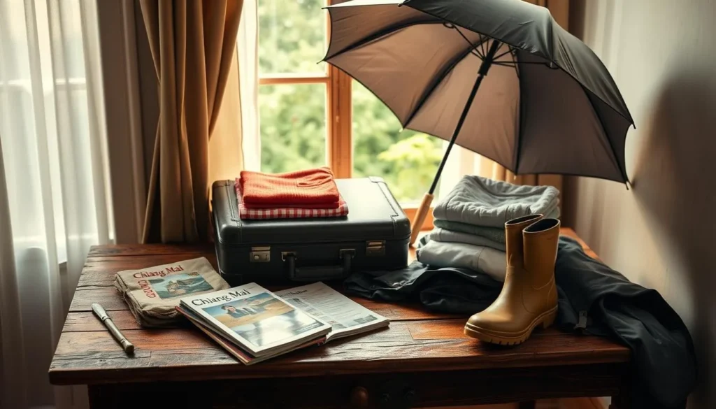 A cozy rainy season packing scene: a rustic wooden table with a vintage suitcase, an open umbrella, and a stack of neatly folded clothing. Soft, natural daylight filters through the window, creating warm shadows and highlights. On the table, a travel guide, a pair of rain boots, and a rain jacket lay ready for the journey. The overall mood is one of thoughtful preparation, as if the traveler is meticulously planning for their upcoming Chiang Mai adventure during the rainy season. A cozy rainy season packing scene: a rustic wooden table with a vintage suitcase, an open umbrella, and a stack of neatly folded clothing. Soft, natural daylight filters through the window, creating warm shadows and highlights. On the table, a travel guide, a pair of rain boots, and a rain jacket lay ready for the journey. The overall mood is one of thoughtful preparation, as if the traveler is meticulously planning for their upcoming Chiang Mai adventure during the rainy season.