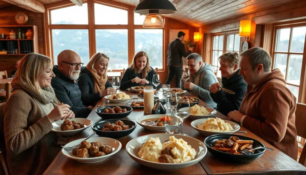 A cozy restaurant nestled in the heart of Jämtland, where the aroma of locally-sourced ingredients fills the air. A group of friends enjoying a hearty meal, surrounded by the warm, rustic ambiance of the space. The table is adorned with an array of traditional Swedish dishes, from fragrant meatballs to creamy mashed potatoes, all complemented by the rich, earthy tones of the wooden furniture and soft, natural lighting. In the background, glimpses of the stunning Jämtland landscape can be seen through the large windows, hinting at the adventurous culinary experiences that await beyond the walls of this inviting establishment.