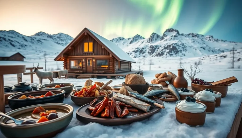 A cozy, rustic Arctic scene showcasing the rich culinary traditions of Troms og Finnmark. In the foreground, a sumptuous spread of local delicacies - steaming bowls of hearty reindeer stew, crisp smoked fish, dense rye bread, and creamy cloudberry desserts. The middle ground features a inviting timber cabin, its warm glow spilling out into the snowy landscape. In the background, majestic snow-capped peaks rise up against a clear, azure sky, with a glowing northern lights display dancing overhead. The lighting is soft and natural, creating an atmosphere of comfort and celebration. Shot with a wide-angle lens to capture the depth and grandeur of the Arctic setting.