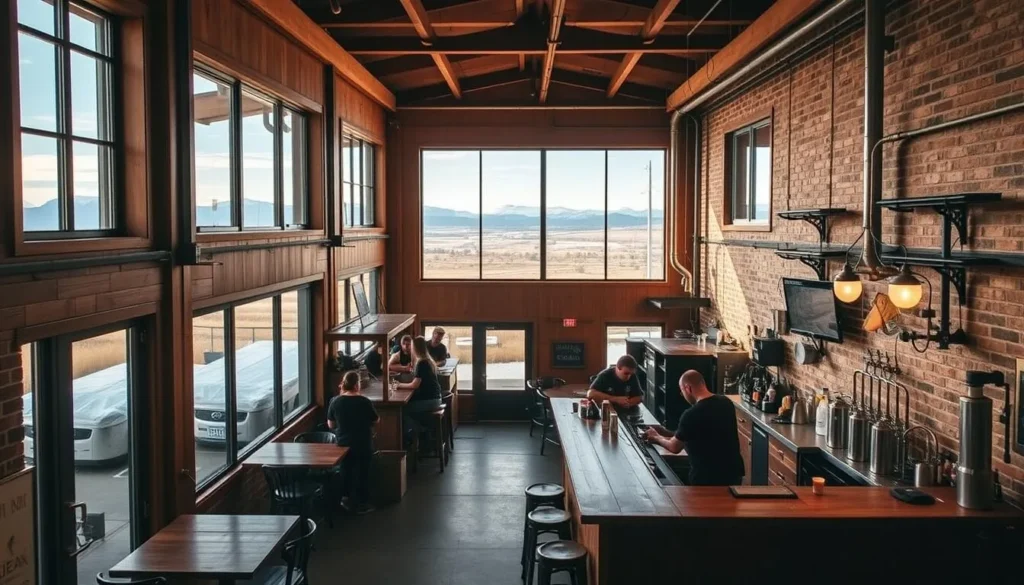 A cozy, rustic craft brewery nestled in the heart of Fort Macleod, Alberta. The exterior features a warm, inviting facade with wooden accents and large windows that let in natural light. Inside, the space is filled with the aroma of freshly brewed beer and the chatter of patrons. The bar is crafted from reclaimed wood, and the decor includes vintage brewing equipment and exposed brick walls. The scene is bathed in a soft, golden glow from the carefully placed lighting, creating a welcoming and relaxed atmosphere. In the background, a picturesque view of the Alberta landscape can be seen through the large windows, further enhancing the local, craft-focused experience.