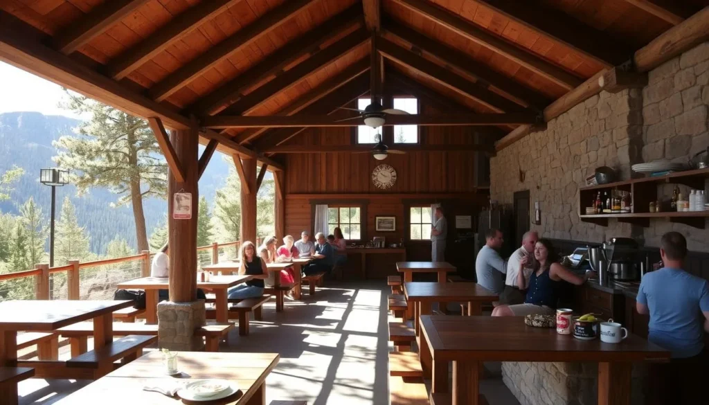 A cozy, rustic dining pavilion nestled amid the lush foliage of Miette Hot Springs. Sunlight filters through the large windows, casting a warm glow over the wooden tables and benches. The space features exposed beams, natural stone accents, and panoramic views of the surrounding mountains. Patrons enjoy a tranquil meal, savoring local cuisine and the soothing atmosphere. A well-appointed kitchen stands ready to serve, its aromas mingling with the scent of fresh pine. The overall scene exudes a sense of retreat and relaxation, befitting the renowned hot springs destination. A cozy, rustic dining pavilion nestled amid the lush foliage of Miette Hot Springs. Sunlight filters through the large windows, casting a warm glow over the wooden tables and benches. The space features exposed beams, natural stone accents, and panoramic views of the surrounding mountains. Patrons enjoy a tranquil meal, savoring local cuisine and the soothing atmosphere. A well-appointed kitchen stands ready to serve, its aromas mingling with the scent of fresh pine. The overall scene exudes a sense of retreat and relaxation, befitting the renowned hot springs destination.
