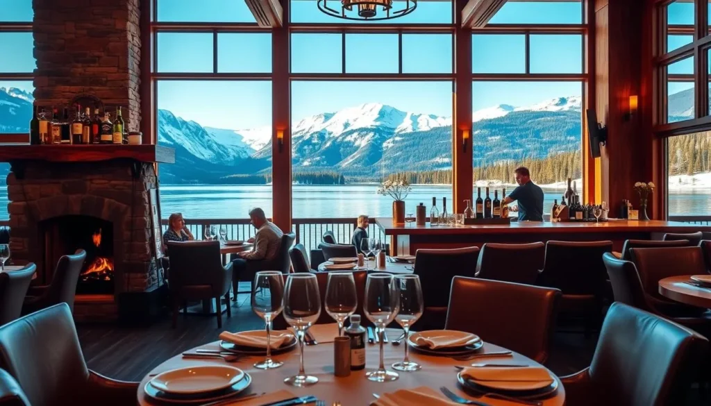 A cozy, rustic dining room overlooking the serene waters of Lake Louise. Warm, golden lighting filters through large windows, casting a soft glow on the wooden furniture and stone fireplace. In the foreground, a table is set with fine china and crystal glassware, surrounded by plush leather chairs. The middle ground features a bar area with bottles of fine spirits and a bartender preparing cocktails. In the background, the majestic Canadian Rockies rise up, their snow-capped peaks visible through the windows. The atmosphere is inviting and elegant, perfect for an après-ski dining experience.