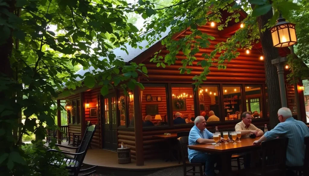 A cozy, rustic dining scene in Shawnee National Forest, Illinois. A wooden cabin-style restaurant nestled among lush green foliage, sunlight filtering through the canopy. At the entrance, a charming porch with rocking chairs. Inside, warm lighting illuminates a spacious dining area with wooden tables and chairs. Patrons enjoy hearty local fare, chatting over glasses of craft beer. The atmosphere is relaxed and inviting, capturing the essence of Shawnee's natural beauty and the region's distinct culinary culture. A cozy, rustic dining scene in Shawnee National Forest, Illinois. A wooden cabin-style restaurant nestled among lush green foliage, sunlight filtering through the canopy. At the entrance, a charming porch with rocking chairs. Inside, warm lighting illuminates a spacious dining area with wooden tables and chairs. Patrons enjoy hearty local fare, chatting over glasses of craft beer. The atmosphere is relaxed and inviting, capturing the essence of Shawnee's natural beauty and the region's distinct culinary culture.