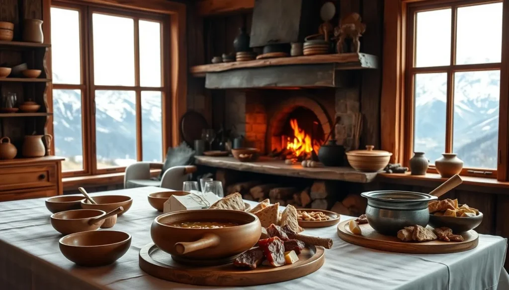 A cozy, rustic scene showcasing the heart of traditional Norwegian cuisine. In the foreground, a table is adorned with a simple, yet elegant white tablecloth, set with hand-crafted wooden bowls and plates. Atop the table, a steaming pot of hearty stew, accompanied by freshly baked rye bread and a platter of cured meats and local cheeses. In the middle ground, a large, open-hearth fireplace casts a warm, golden glow, while shelves display an array of traditional cooking utensils and ceramics. The background features panoramic views of the majestic Sylan Mountains, their snow-capped peaks visible through large, wooden-framed windows. The overall scene conveys a sense of timeless tradition, comfort, and the natural bounty of the Sylan region.