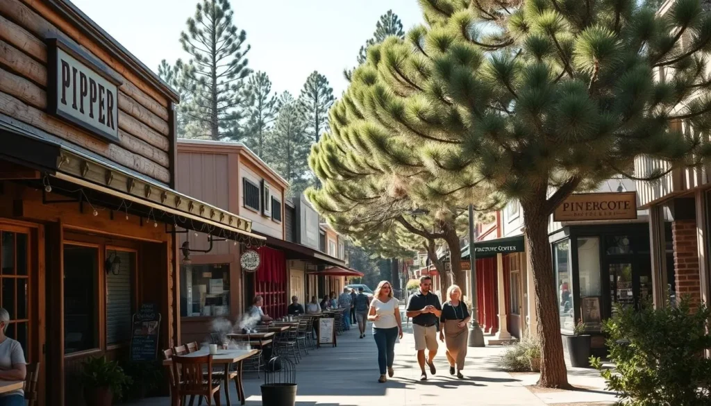 A cozy, sun-dappled street in the charming town of Pinetop, Arizona, lined with inviting independent coffee shops. In the foreground, an artisanal cafe with rustic wooden accents and a welcoming patio, filled with locals sipping steaming mugs. In the middle ground, pedestrians stroll by quaint storefronts, the scent of freshly brewed coffee wafting through the air. In the background, tall pines sway gently, their verdant needles framing the scene with a touch of mountain serenity. Soft, natural lighting casts a warm glow over the entire tableau, capturing the cozy, community-focused spirit of Pinetop's vibrant food scene.