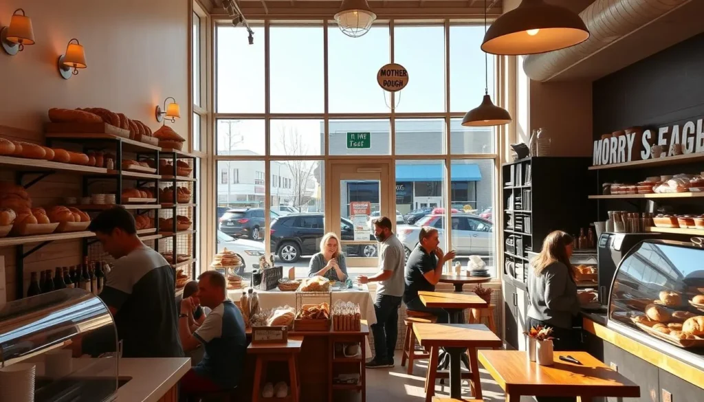 A cozy, sun-drenched interior of a local bakery, the Mother Dough Bread Company, with an array of freshly baked artisanal loaves, pastries, and other delectable treats displayed on wooden shelves and countertops. Warm, soft lighting emanates from sconces and overhead fixtures, creating a inviting ambiance. In the foreground, a barista prepares a steaming cup of coffee, while customers chat and enjoy their baked goods at small, rustic wooden tables. Outside, the bustling streets of Grande Prairie are visible through large windows, hinting at the vibrant local community. The overall scene conveys a sense of cozy, homegrown comfort and the pride of a true neighborhood gem.