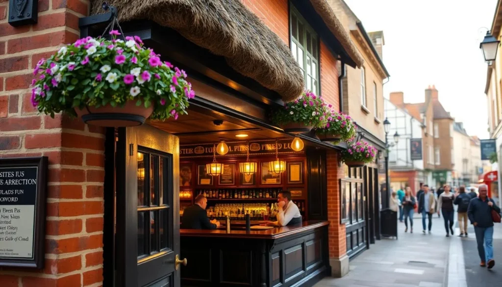 A cozy, traditional British pub nestled on a quaint street in the London borough of Havering. The exterior features a charming, red-brick facade with a thatched roof and hanging baskets overflowing with colorful flowers. Through the open doorway, glimpse the warm, inviting interior with dark wood paneling, polished brass fixtures, and patrons enjoying a pint at the well-stocked bar. Bright natural light streams in through leaded-glass windows, casting a soft, golden glow over the scene. In the distance, see the bustling high street with pedestrians strolling by, creating a vibrant, yet cozy atmosphere perfect for an afternoon or evening meal.