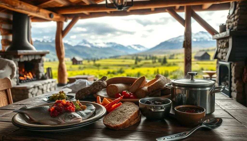 A cozy traditional Norwegian cuisine scene set in the heart of the Hardangervidda region. In the foreground, a rustic wooden table is adorned with an array of local delicacies - fresh-caught trout, hearty root vegetable stew, thick slices of dark rye bread, and a steaming pot of fragrant lingonberry jam. The middle ground features a warm, inviting interior with exposed beams, stone fireplaces, and handwoven textiles. The background showcases the breathtaking landscape of the Hardangervidda plateau, with snow-capped peaks and lush, verdant meadows under a soft, golden afternoon light. Convey a sense of cozy authenticity, traditional craftsmanship, and the bounty of the Norwegian wilderness.