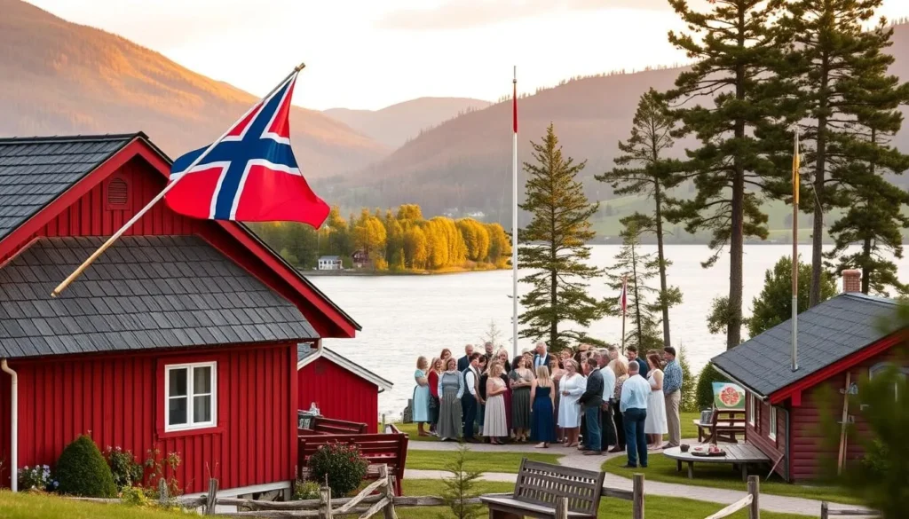 A cozy village nestled on the shores of Lake Vaddo, Sweden. In the foreground, a traditional red wooden cottage with a quaint Swedish flag fluttering in the gentle breeze. In the middle ground, locals gather around a maypole, dressed in their finest folk attire, celebrating a lively midsummer festival. The background showcases the serene lake, flanked by rolling green hills and the silhouettes of tall pine trees against a warm, golden-hued sky. The scene is illuminated by soft, natural lighting, capturing the timeless charm and cherished traditions of this picturesque Swedish locale.