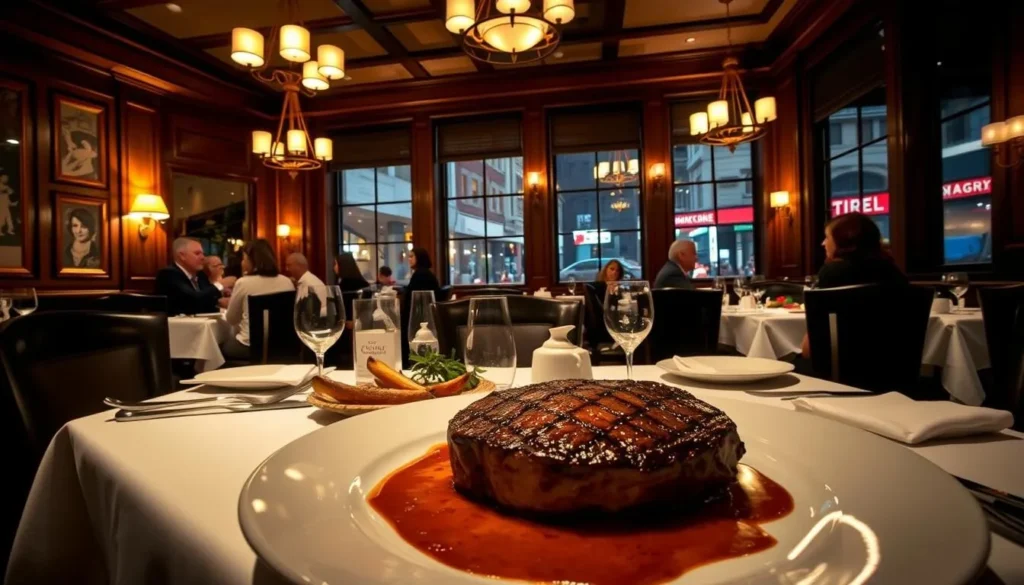 A cozy, well-lit dining room with a warm, inviting atmosphere. Elegant wooden furniture, crisp white tablecloths, and carefully placed dinnerware create a sophisticated ambiance. Soft, diffused lighting from overhead chandeliers casts a gentle glow, accentuating the rich textures of the room. In the foreground, a group of diners enjoy a lively conversation, their expressions animated as they savor a delectable meal. The middle ground features the main course - a juicy, expertly grilled steak served with a side of roasted vegetables, all artfully presented. In the background, large windows offer a glimpse of a bustling city street, hinting at the vibrant culture and energy of the location. The overall scene evokes a sense of refined dining, where food, company, and ambiance harmonize to create an unforgettable dining experience.