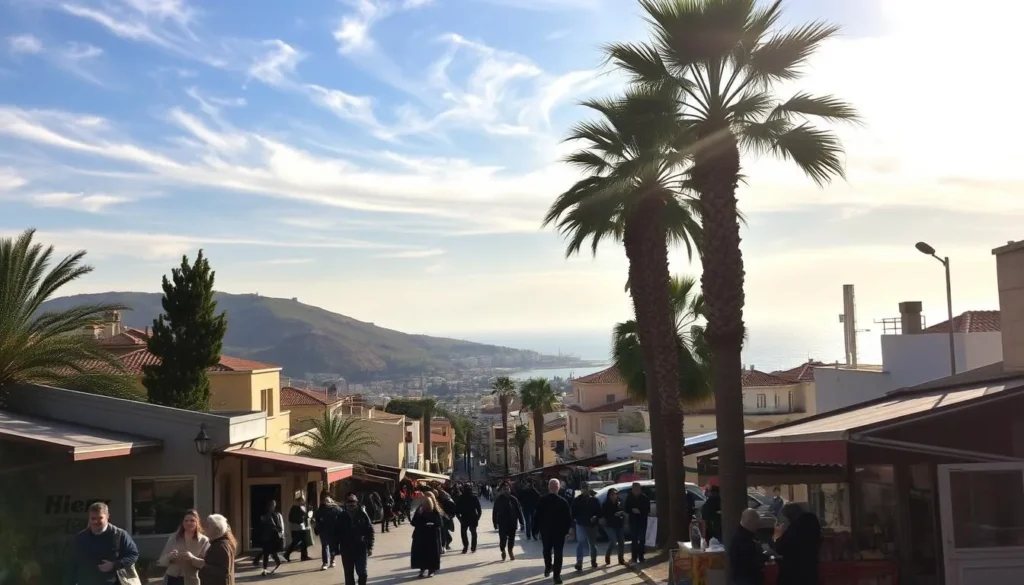A cozy winter day in Haifa, Israel. Soft sunlight filters through wispy clouds, casting a warm glow over the city's charming architecture. In the foreground, a bustling street scene with locals strolling, sipping hot beverages, and browsing colorful outdoor markets. Towering palm trees sway gently, their fronds swaying in the mild breeze. In the middle ground, the iconic slopes of Mount Carmel rise, their verdant slopes dotted with terracotta-roofed homes. In the distance, the sparkling Mediterranean Sea meets the horizon, its waters shimmering under the winter sun. An atmosphere of tranquility and relaxation pervades the scene, inviting the viewer to experience the unique charms of Haifa during the winter months.