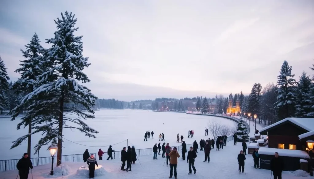 A cozy winter landscape in Kuopio, Finland, showcasing the city's picturesque charm. A frozen lake surrounded by snow-capped pine trees, their branches laden with fresh snow. In the foreground, a group of people enjoying outdoor activities like cross-country skiing, ice skating, or simply building a snowman. The warm glow of street lamps and the soft light from nearby buildings create a serene, inviting atmosphere. The sky is a soft, hazy blue, with wispy clouds adding depth and interest. The overall scene captures the essence of a quintessential Kuopio winter experience, perfect for the article's "Best Time to Visit Kuopio" section.