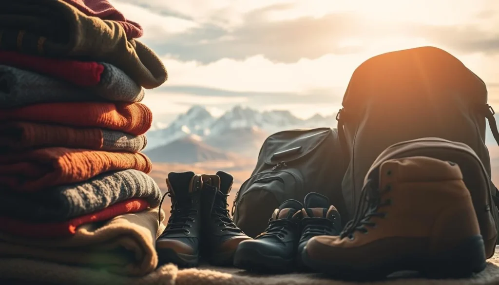 A cozy yet practical packing scene for Chile's varied climate. In the foreground, neatly folded layers of warm sweaters, weatherproof jackets, and hiking boots. The middle ground showcases a backpack and daypack, ready for adventures. In the background, a scenic vista of snow-capped Andean peaks under a bright, sun-dappled sky. Warm, diffused lighting creates a welcoming ambiance, inviting the viewer to envision their own Chilean journey.