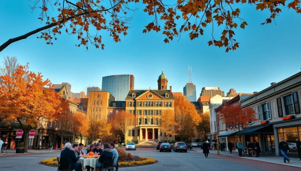 A crisp autumn day in Boston, Massachusetts. A picturesque town square adorned with colorful foliage and a grand historic building as the centerpiece. In the foreground, a group of people gather around a Thanksgiving feast, enjoying the harvest bounty. The middle ground features a bustling street with local shops and cafes, their facades decorated with garlands and pumpkins. In the background, the iconic skyline of Boston rises, its skyscrapers framed by a clear blue sky. Warm, soft lighting bathes the scene, creating a cozy, inviting atmosphere. This is a quintessential late-fall day in Boston, showcasing the city's blend of historic charm and modern vibrancy.