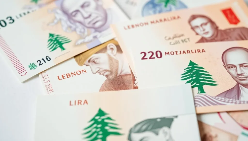 A crisp, well-lit close-up view of authentic Lebanese currency, including vibrant banknotes in various denominations and the unique national symbols and portraits they feature. The banknotes are meticulously detailed, capturing the intricate designs, security features, and subtle color gradients that characterize genuine Lebanese lira. The image conveys a sense of sophistication and national pride, reflecting the rich history and culture of Lebanon. The overall composition is clean, allowing the currency to be the sole focus, set against a neutral, softly blurred background that enhances the visual appeal.